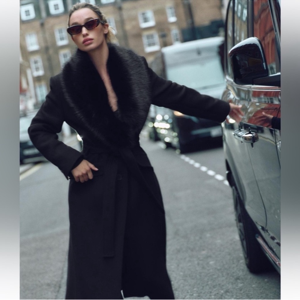 Zara Black Trench Coat with Fur Collar